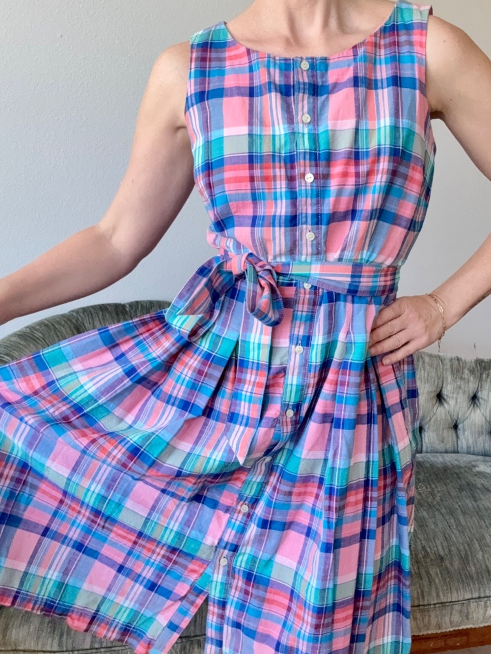 Plaid Cotton Sleeveless Dress 2 Preppy Button Front Pleated Flare Midi